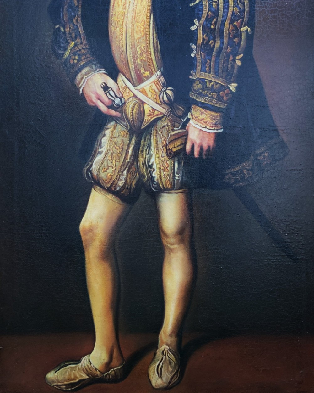 A full-length oil painting depicting Philip II of Spain in Renaissance attire, housed inside an ebonised frame with gilt mouldings. View VII