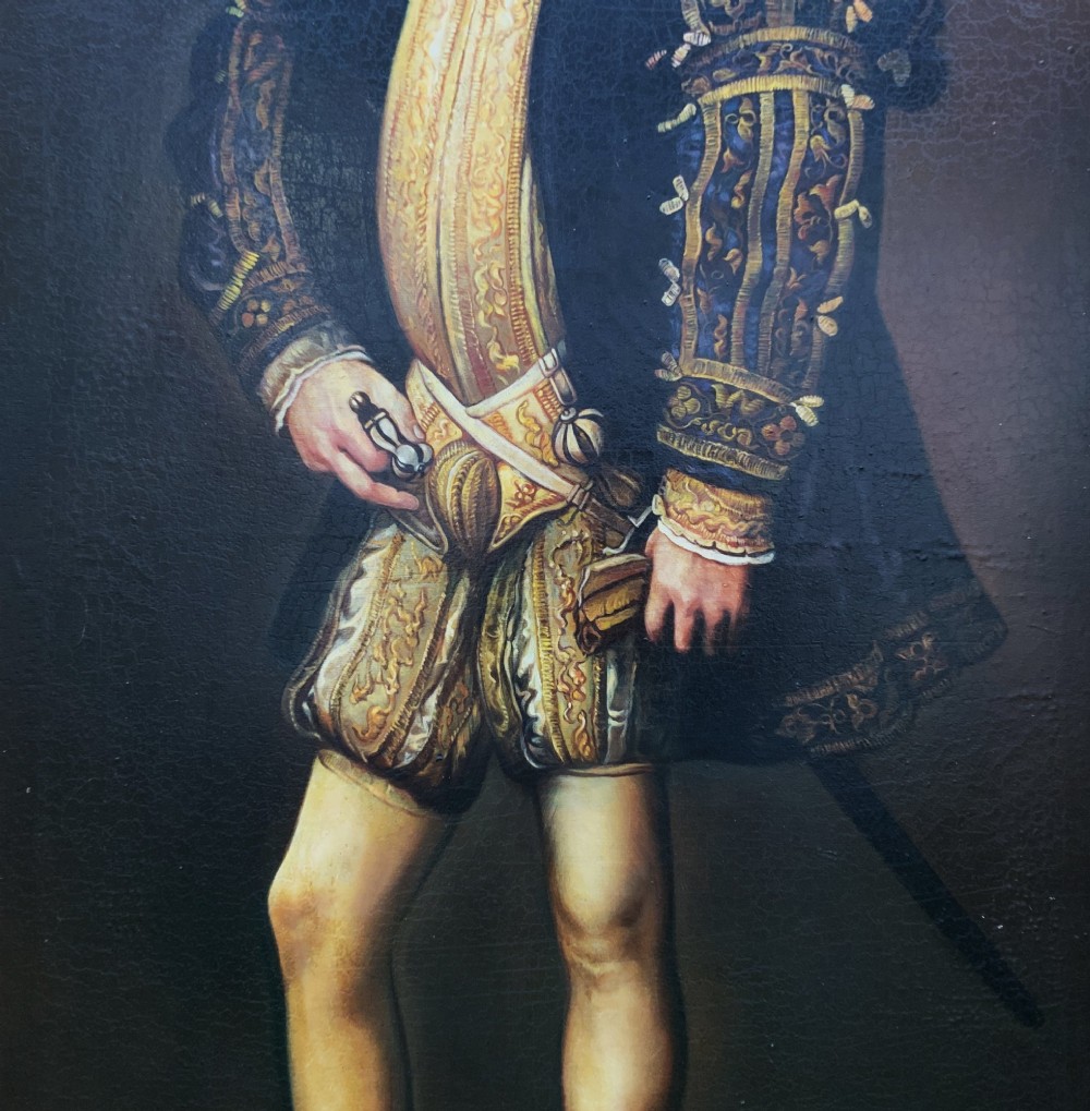 A full-length oil painting depicting Philip II of Spain in Renaissance attire, housed inside an ebonised frame with gilt mouldings. View VIII