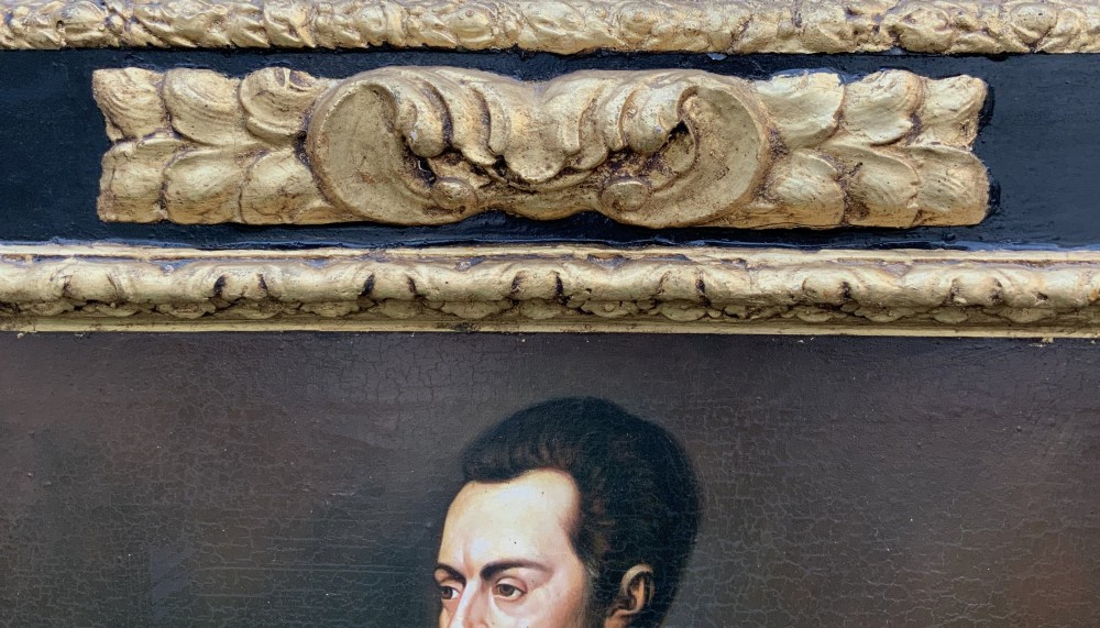 A full-length oil painting depicting Philip II of Spain in Renaissance attire, housed inside an ebonised frame with gilt mouldings. View IX
