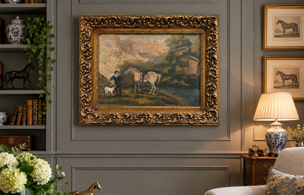 A naive equestrian oil painting depicting a grey horse, a handler in a blue jacket, and a dog beside a river, enclosed in a deeply carved gold gilt frame. View II