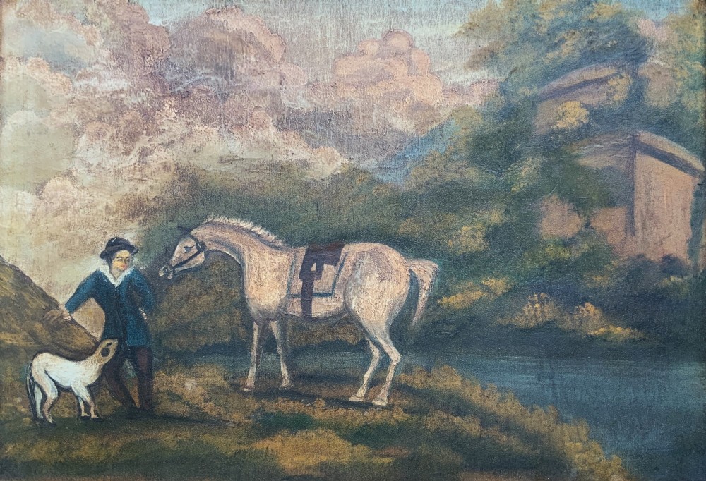 A naive equestrian oil painting depicting a grey horse, a handler in a blue jacket, and a dog beside a river, enclosed in a deeply carved gold gilt frame. View III