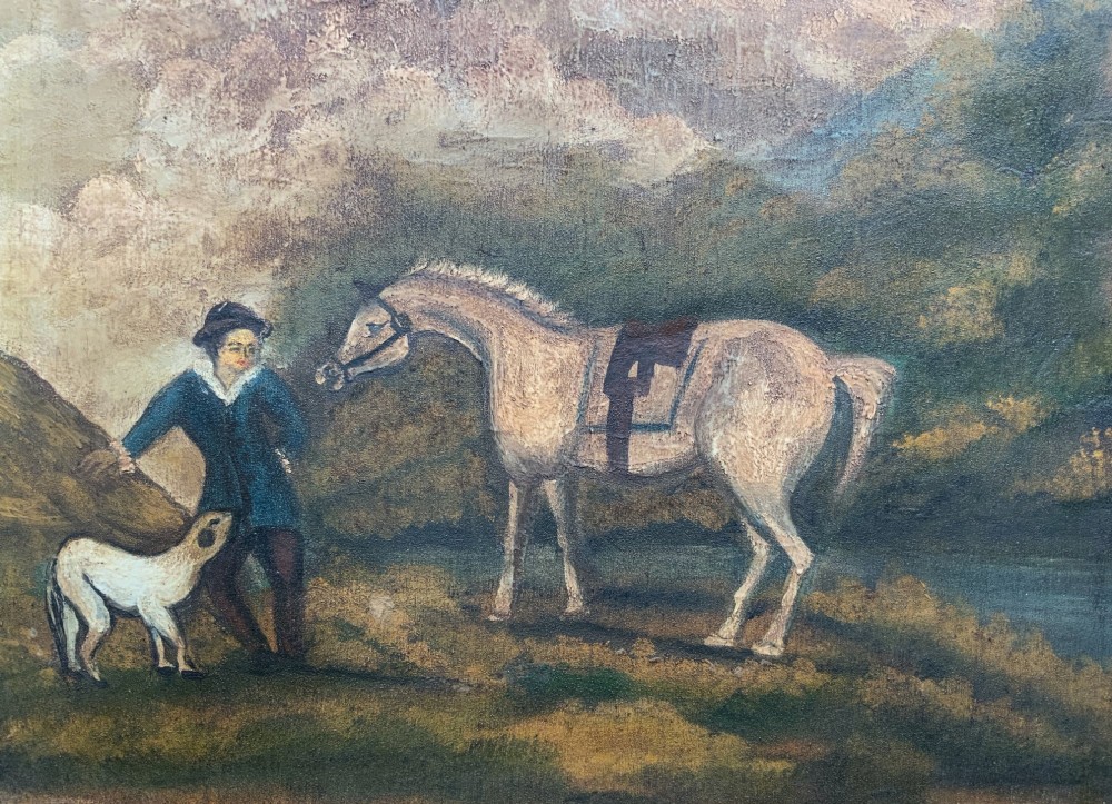 A naive equestrian oil painting depicting a grey horse, a handler in a blue jacket, and a dog beside a river, enclosed in a deeply carved gold gilt frame. View IV