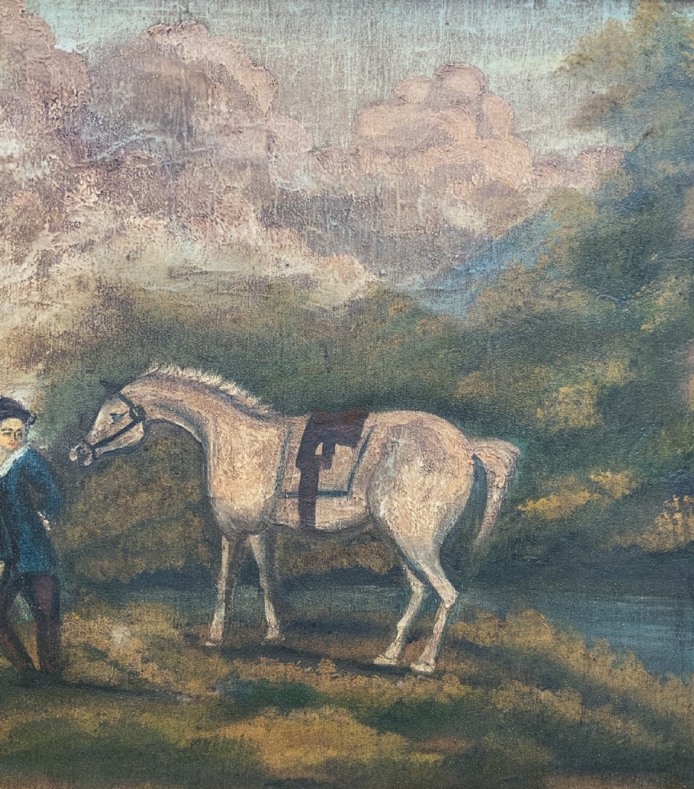A naive equestrian oil painting depicting a grey horse, a handler in a blue jacket, and a dog beside a river, enclosed in a deeply carved gold gilt frame. View VI