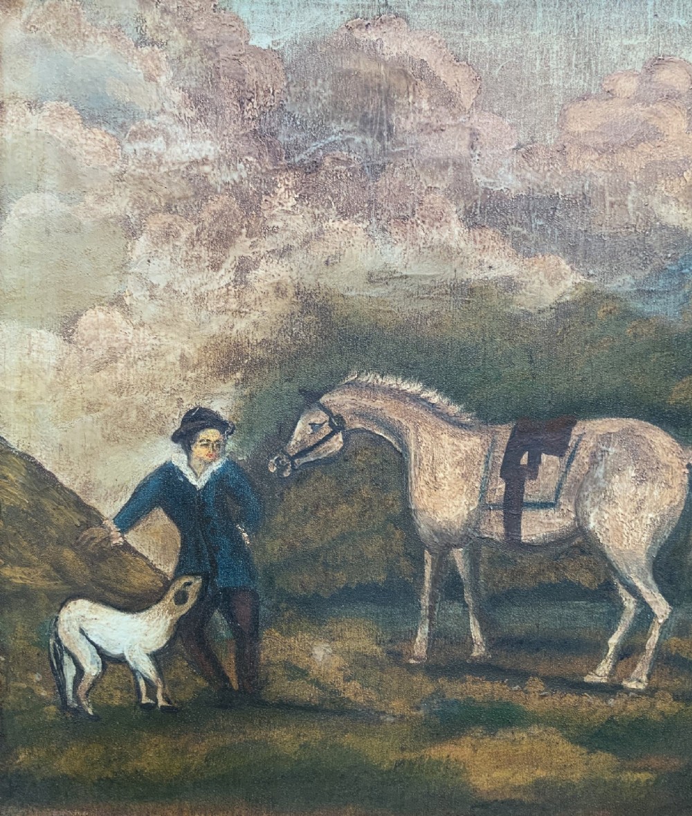 A naive equestrian oil painting depicting a grey horse, a handler in a blue jacket, and a dog beside a river, enclosed in a deeply carved gold gilt frame. View VII