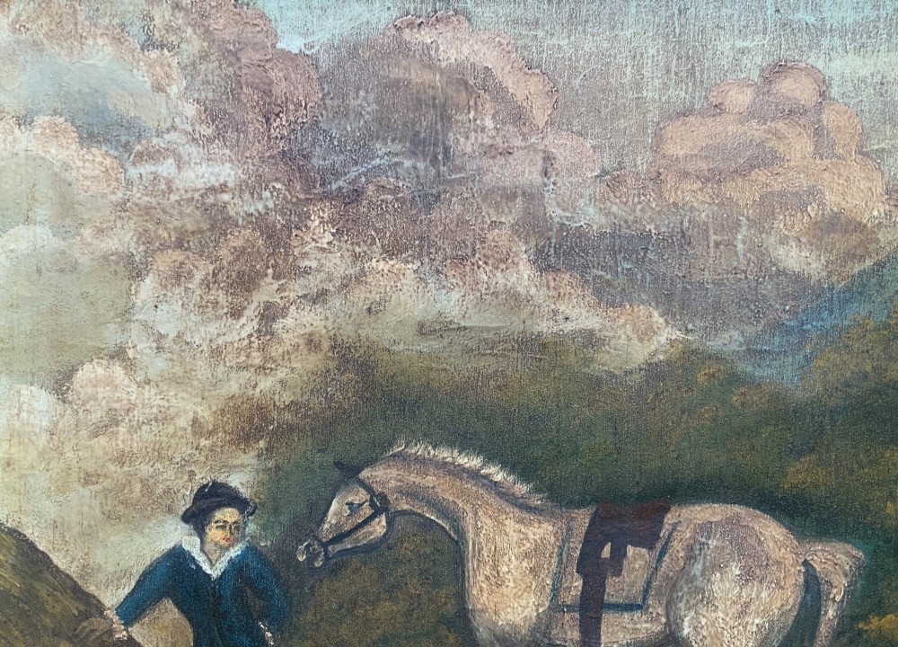 A naive equestrian oil painting depicting a grey horse, a handler in a blue jacket, and a dog beside a river, enclosed in a deeply carved gold gilt frame. View VIII