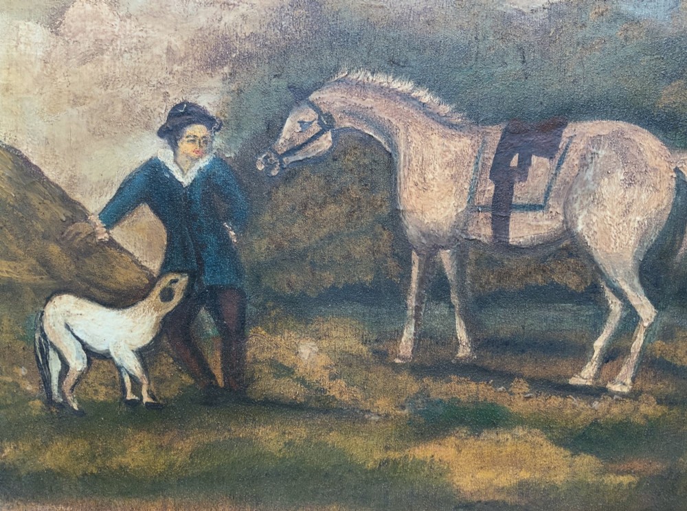 A naive equestrian oil painting depicting a grey horse, a handler in a blue jacket, and a dog beside a river, enclosed in a deeply carved gold gilt frame. View IX