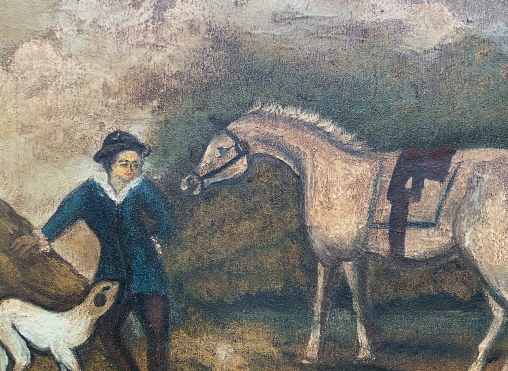 A naive equestrian oil painting depicting a grey horse, a handler in a blue jacket, and a dog beside a river, enclosed in a deeply carved gold gilt frame. View X