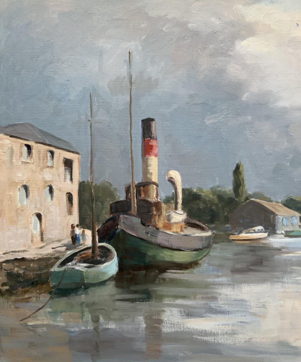 A framed horizontal oil painting depicting a calm harbour scene with steam tugboats, moored vessels, stone buildings, and a cloudy grey sky. View III