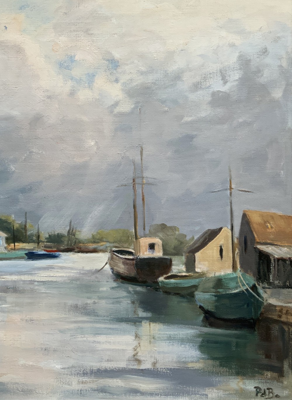 A framed horizontal oil painting depicting a calm harbour scene with steam tugboats, moored vessels, stone buildings, and a cloudy grey sky. View V