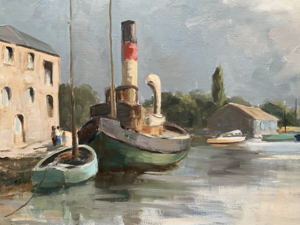 A framed horizontal oil painting depicting a calm harbour scene with steam tugboats, moored vessels, stone buildings, and a cloudy grey sky. View VII