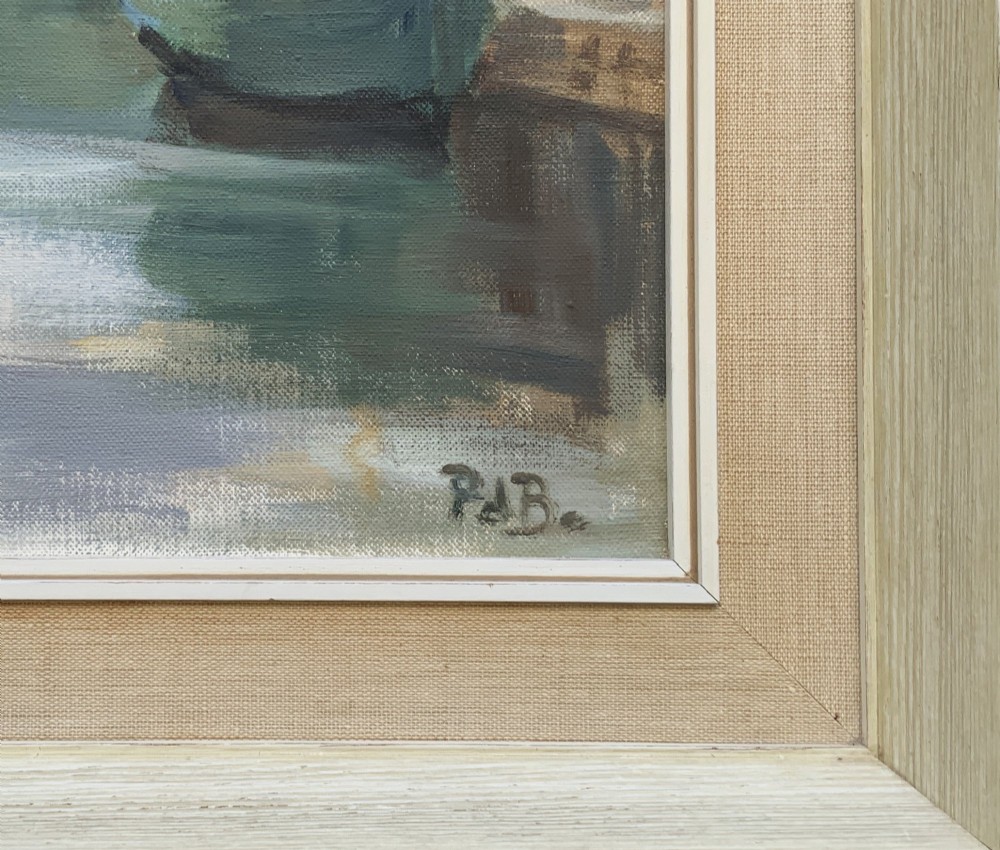 A framed horizontal oil painting depicting a calm harbour scene with steam tugboats, moored vessels, stone buildings, and a cloudy grey sky. View IX