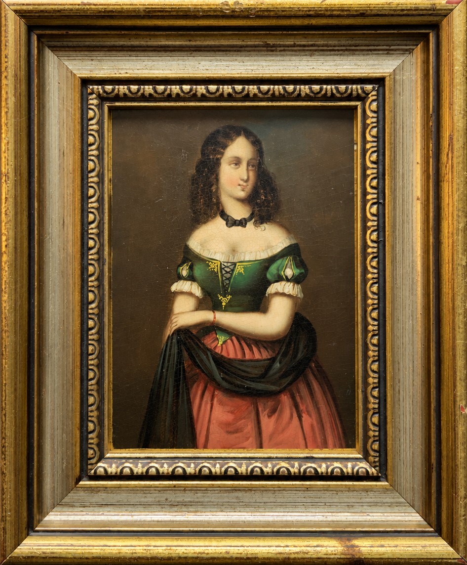 A framed miniature oil portrait depicting a Victorian woman with dark curly hair in a green and red dress, enclosed in a gilded wooden frame with egg-and-dart detail.