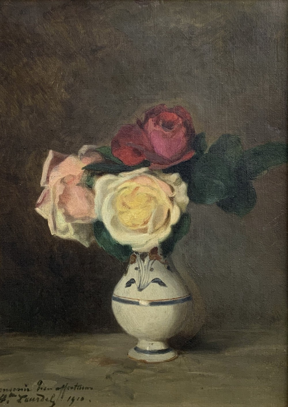 An early 20th-century French Impressionist oil painting depicting pink and yellow roses in a ceramic vase, housed within a moulded gold-gilded frame. View II