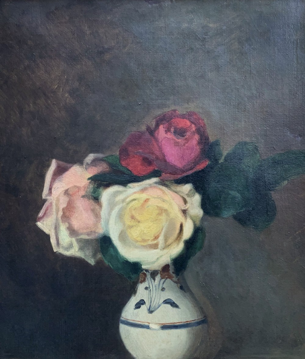 An early 20th-century French Impressionist oil painting depicting pink and yellow roses in a ceramic vase, housed within a moulded gold-gilded frame. View III