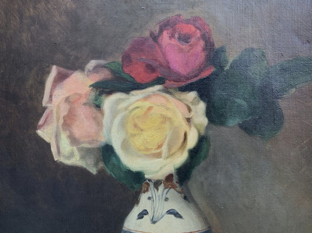 An early 20th-century French Impressionist oil painting depicting pink and yellow roses in a ceramic vase, housed within a moulded gold-gilded frame. View VI