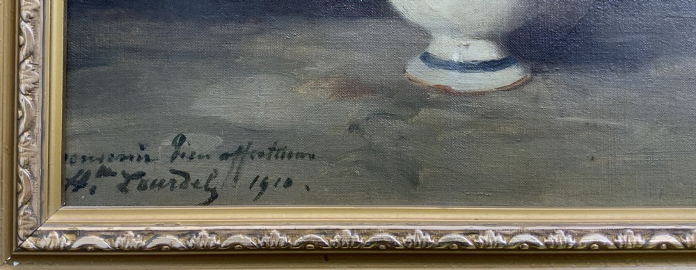 An early 20th-century French Impressionist oil painting depicting pink and yellow roses in a ceramic vase, housed within a moulded gold-gilded frame. View VIII
