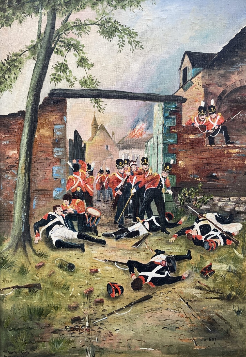 A framed oil painting depicting soldiers in red coats defending the North Gate of Hougoumont during the Battle of Waterloo. View II