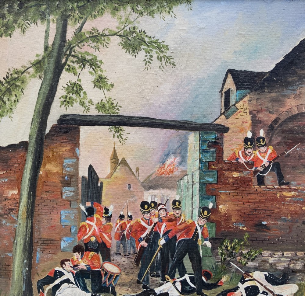 A framed oil painting depicting soldiers in red coats defending the North Gate of Hougoumont during the Battle of Waterloo. View III