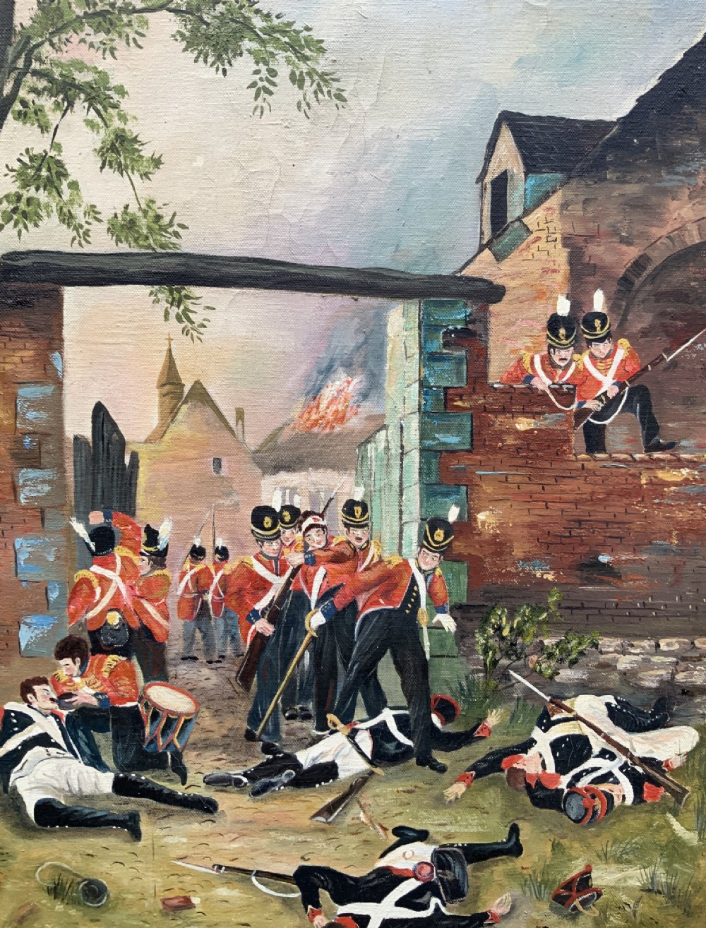 A framed oil painting depicting soldiers in red coats defending the North Gate of Hougoumont during the Battle of Waterloo. View VI