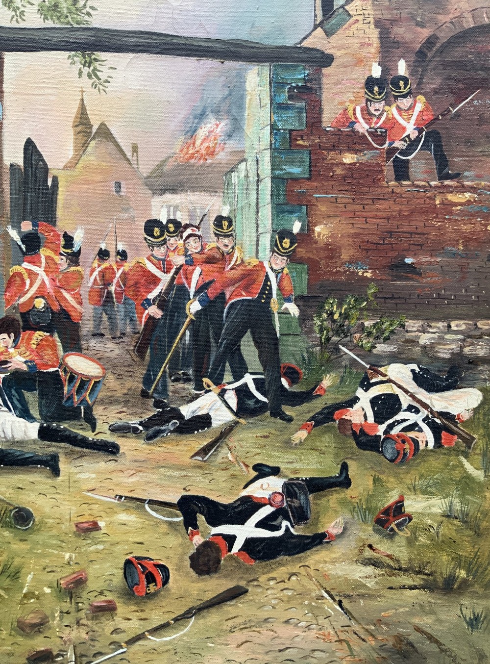 A framed oil painting depicting soldiers in red coats defending the North Gate of Hougoumont during the Battle of Waterloo. View VII