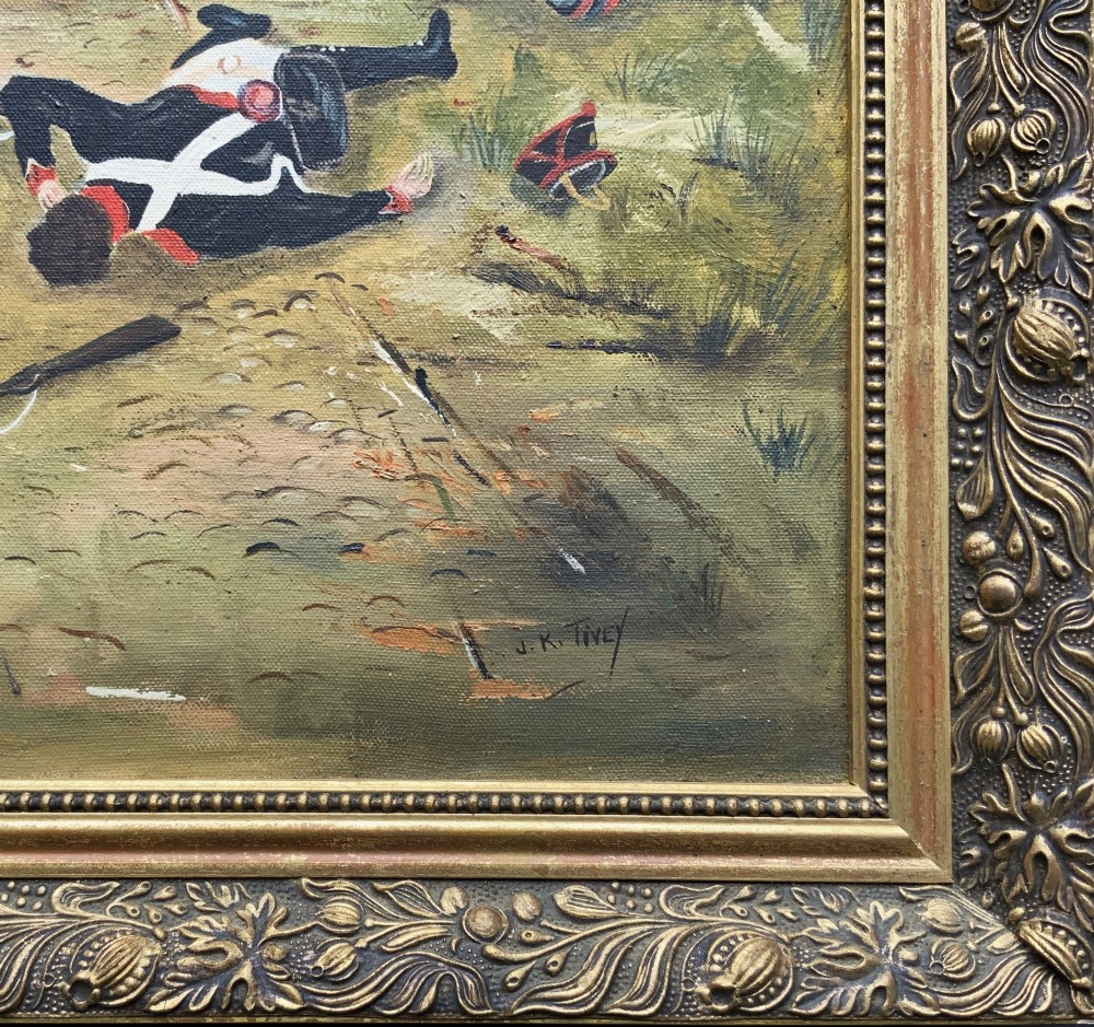 A framed oil painting depicting soldiers in red coats defending the North Gate of Hougoumont during the Battle of Waterloo. View IX
