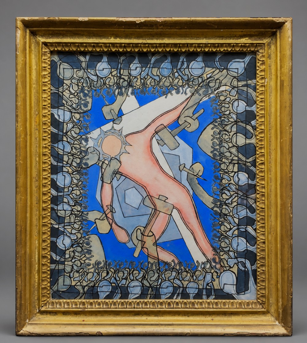 An abstract mid-century modernist painting depicting the crucifixion of Christ in pink and blue tones, enclosed within a carved gilt wood frame.