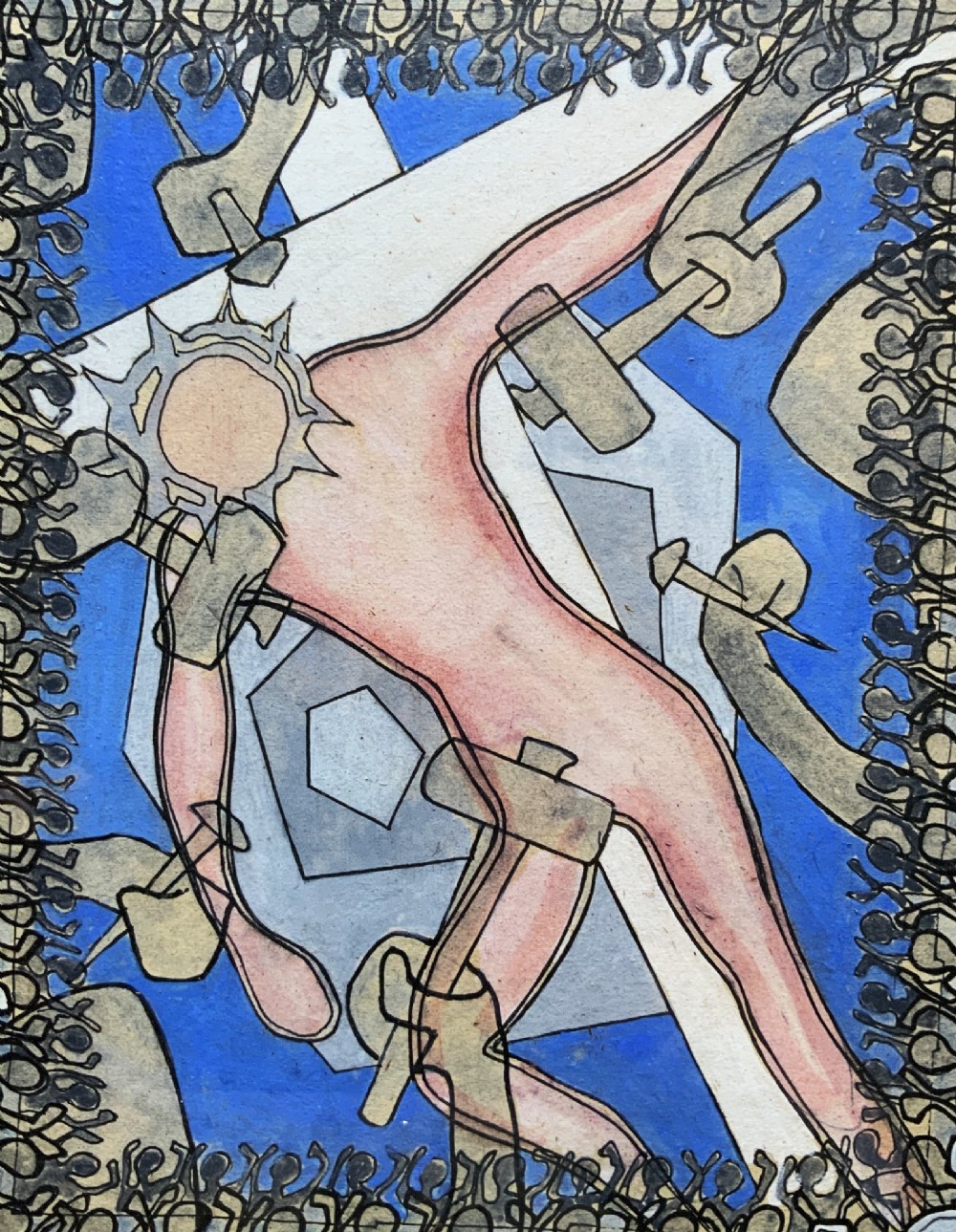 An abstract mid-century modernist painting depicting the crucifixion of Christ in pink and blue tones, enclosed within a carved gilt wood frame. View III