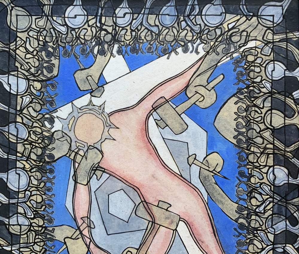 An abstract mid-century modernist painting depicting the crucifixion of Christ in pink and blue tones, enclosed within a carved gilt wood frame. View IV