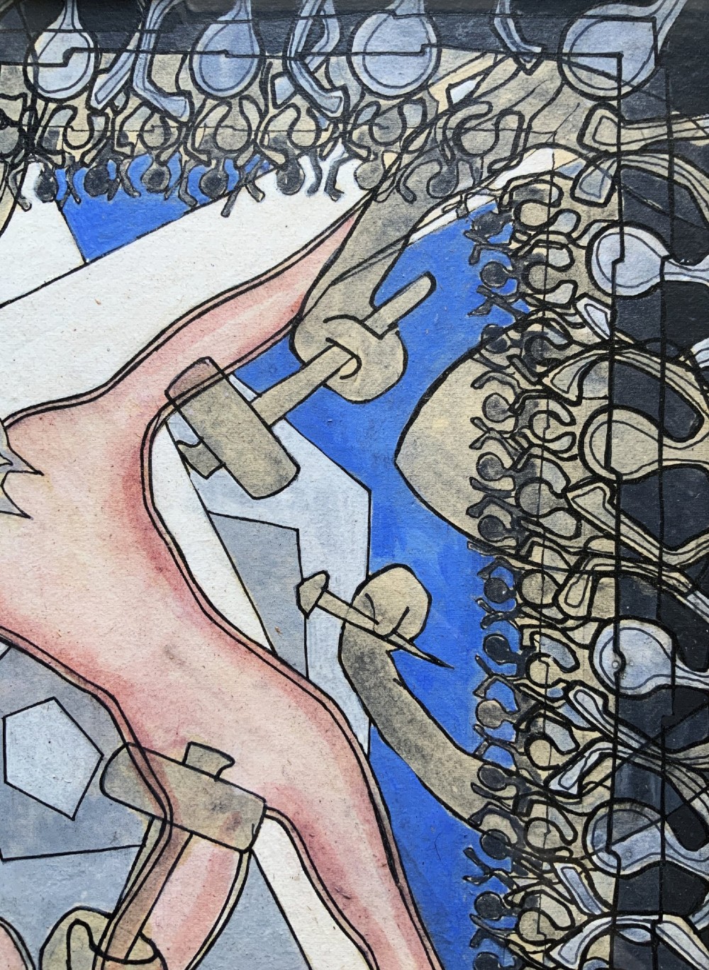 An abstract mid-century modernist painting depicting the crucifixion of Christ in pink and blue tones, enclosed within a carved gilt wood frame. View VI
