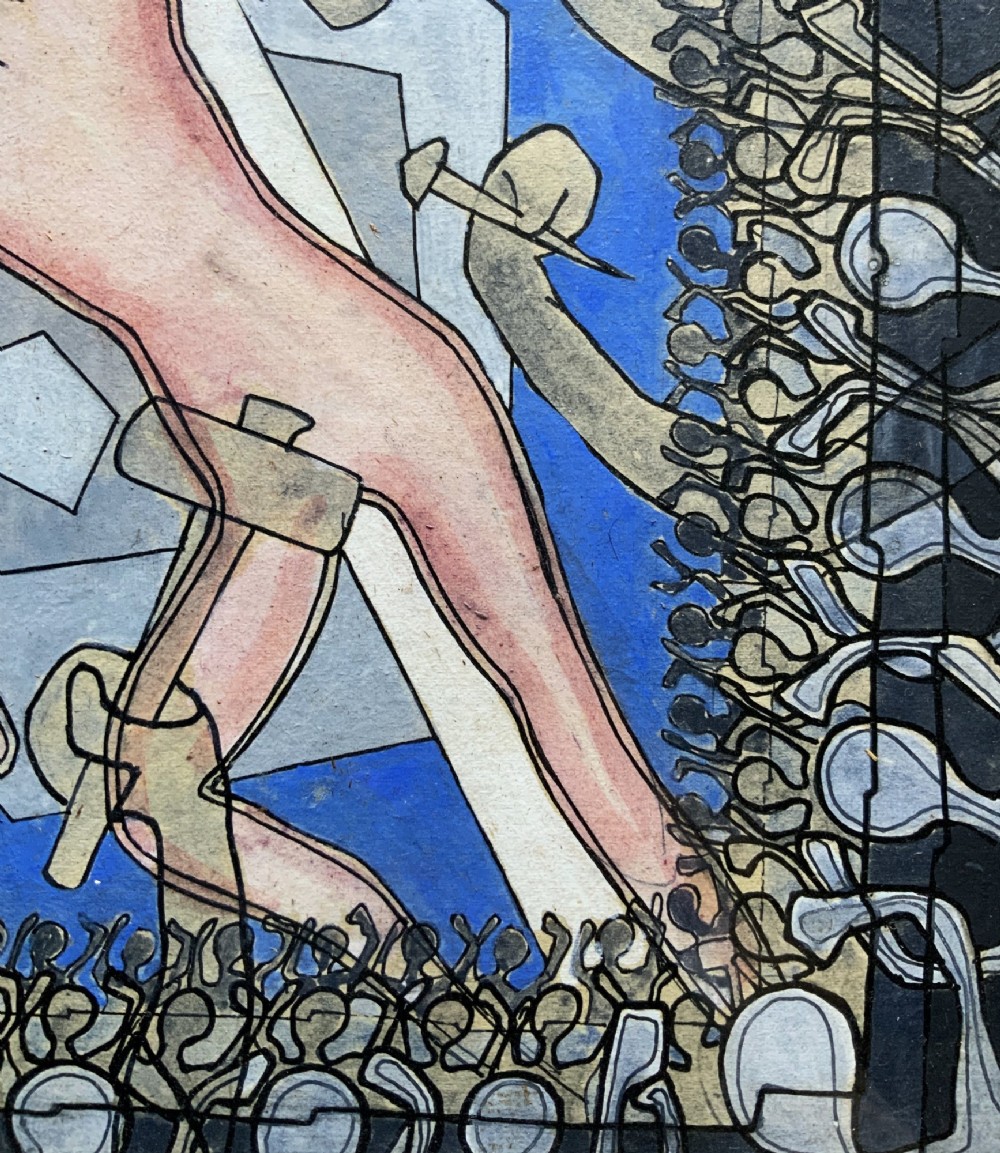 An abstract mid-century modernist painting depicting the crucifixion of Christ in pink and blue tones, enclosed within a carved gilt wood frame. View VII