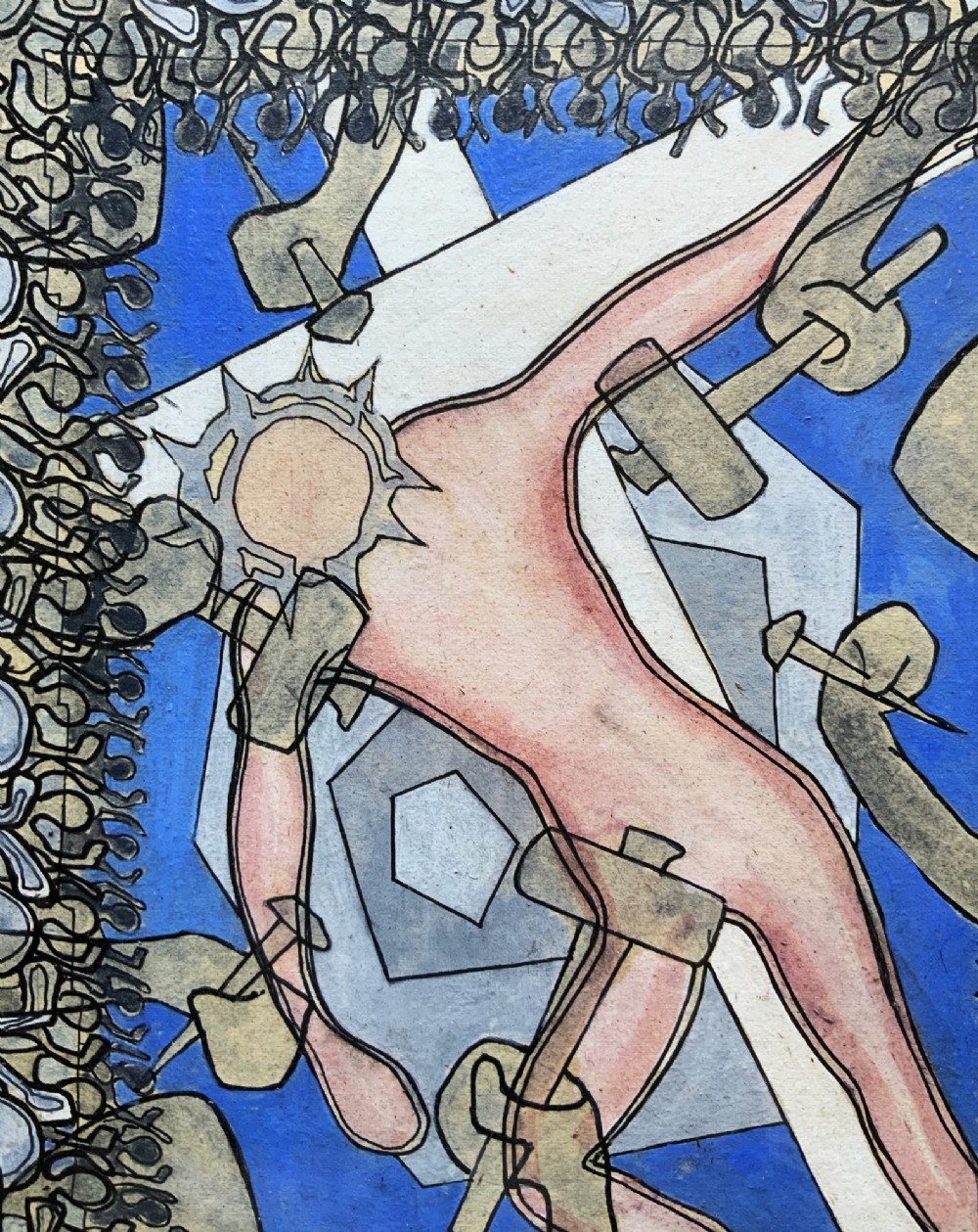 An abstract mid-century modernist painting depicting the crucifixion of Christ in pink and blue tones, enclosed within a carved gilt wood frame. View VIII