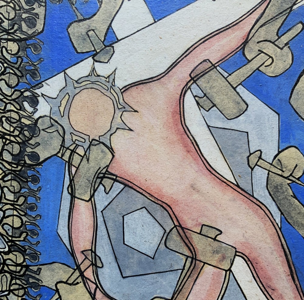 An abstract mid-century modernist painting depicting the crucifixion of Christ in pink and blue tones, enclosed within a carved gilt wood frame. View IX