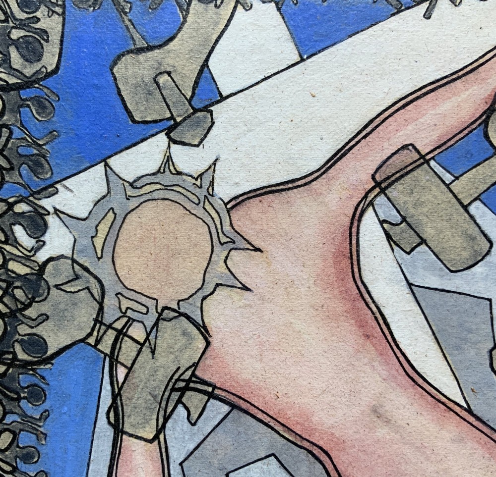 An abstract mid-century modernist painting depicting the crucifixion of Christ in pink and blue tones, enclosed within a carved gilt wood frame. View X