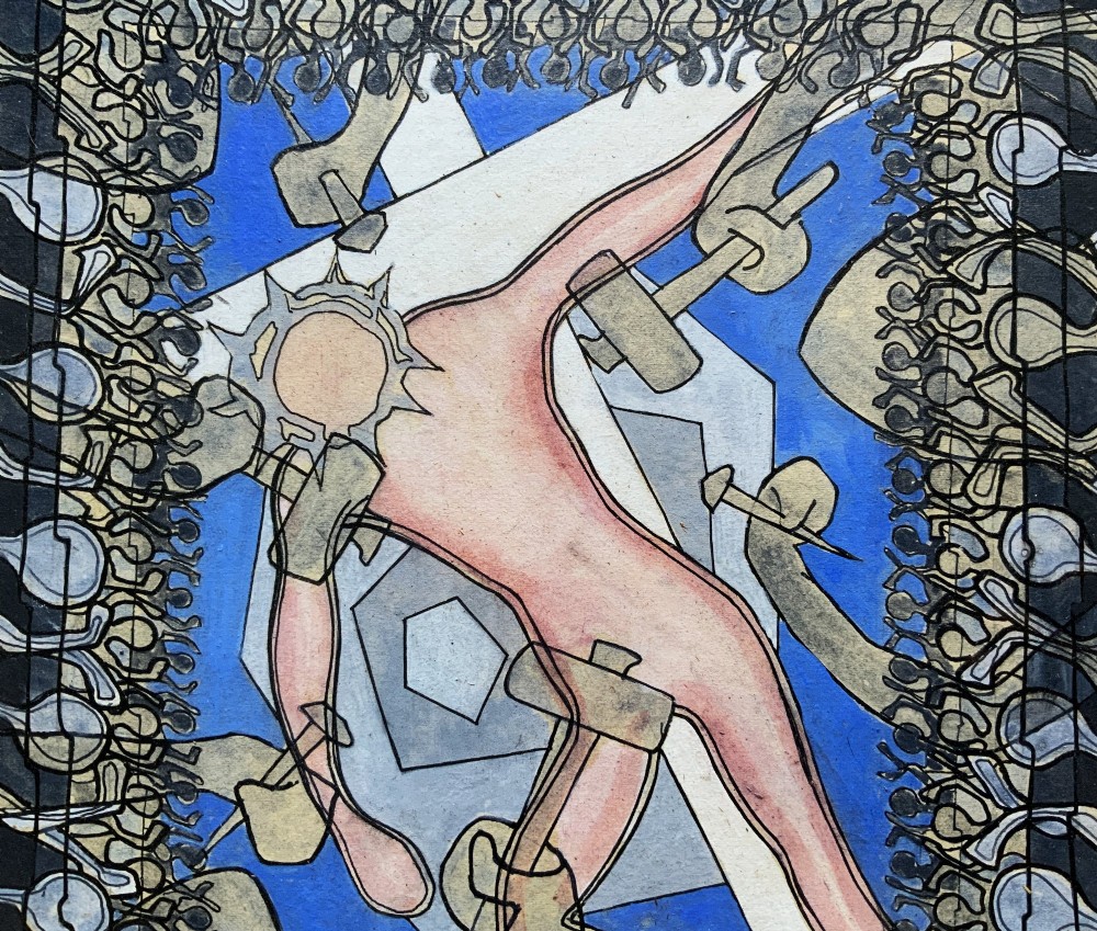 An abstract mid-century modernist painting depicting the crucifixion of Christ in pink and blue tones, enclosed within a carved gilt wood frame. View XI