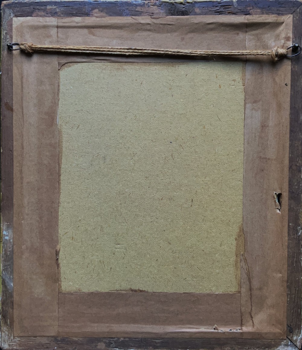 An abstract mid-century modernist painting depicting the crucifixion of Christ in pink and blue tones, enclosed within a carved gilt wood frame. View XII