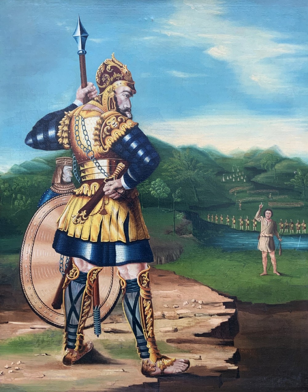 An antique framed oil painting depicting the biblical scene of David and Goliath set against a green mountainous landscape. View II
