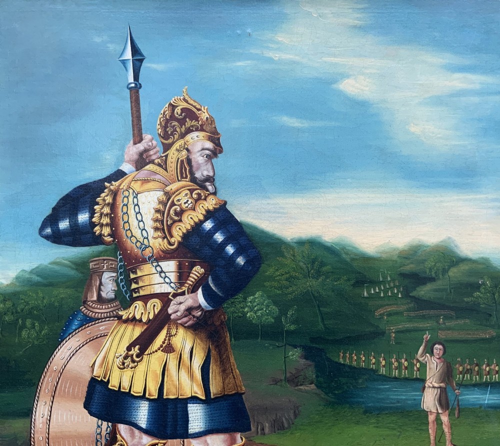 An antique framed oil painting depicting the biblical scene of David and Goliath set against a green mountainous landscape. View IV