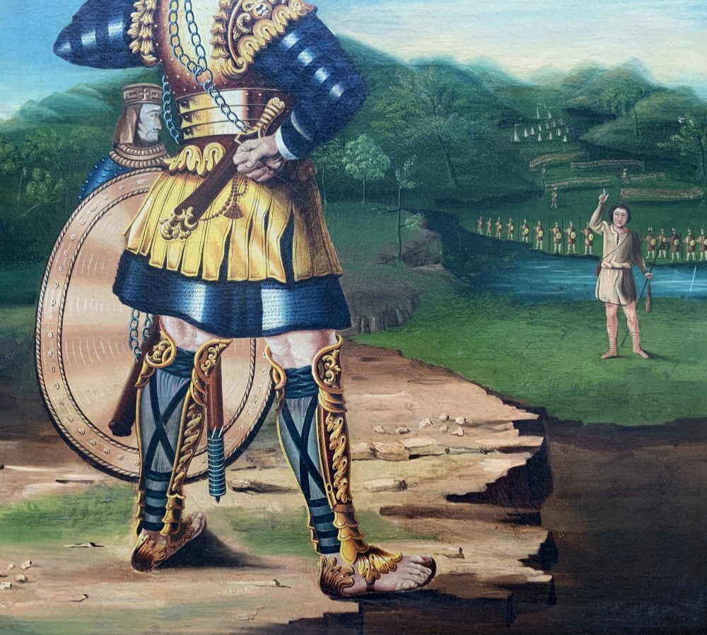 An antique framed oil painting depicting the biblical scene of David and Goliath set against a green mountainous landscape. View V
