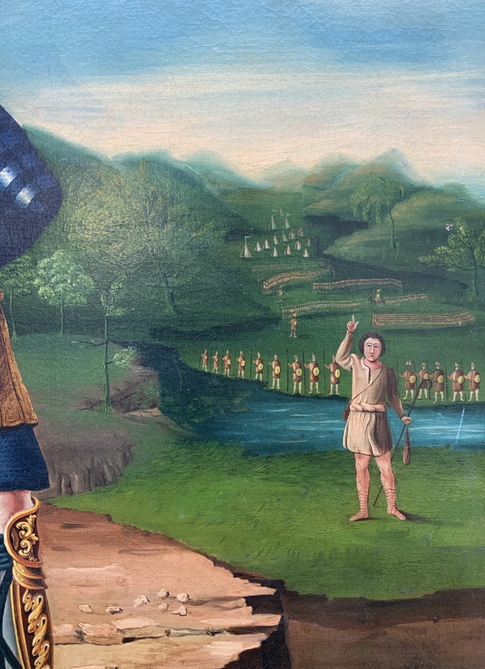 An antique framed oil painting depicting the biblical scene of David and Goliath set against a green mountainous landscape. View VI