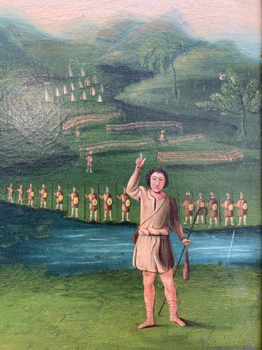 An antique framed oil painting depicting the biblical scene of David and Goliath set against a green mountainous landscape. View VII