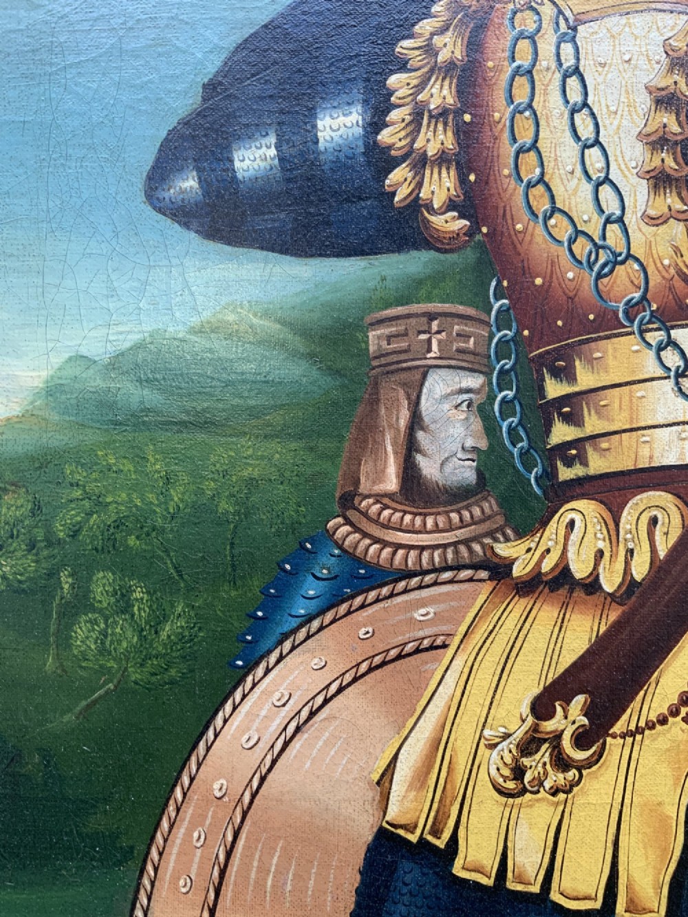 An antique framed oil painting depicting the biblical scene of David and Goliath set against a green mountainous landscape. View VIII