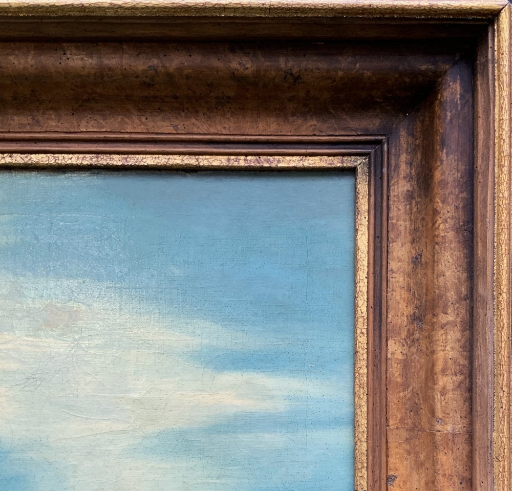 An antique framed oil painting depicting the biblical scene of David and Goliath set against a green mountainous landscape. View XI