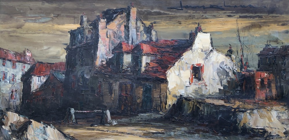 A mid-century framed oil painting depicting a textured European townscape with buildings in brown, red, and cream impasto tones. View II
