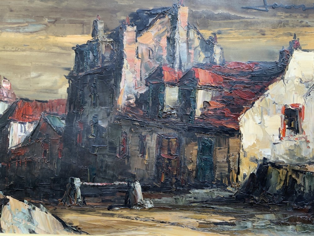 A mid-century framed oil painting depicting a textured European townscape with buildings in brown, red, and cream impasto tones. View III
