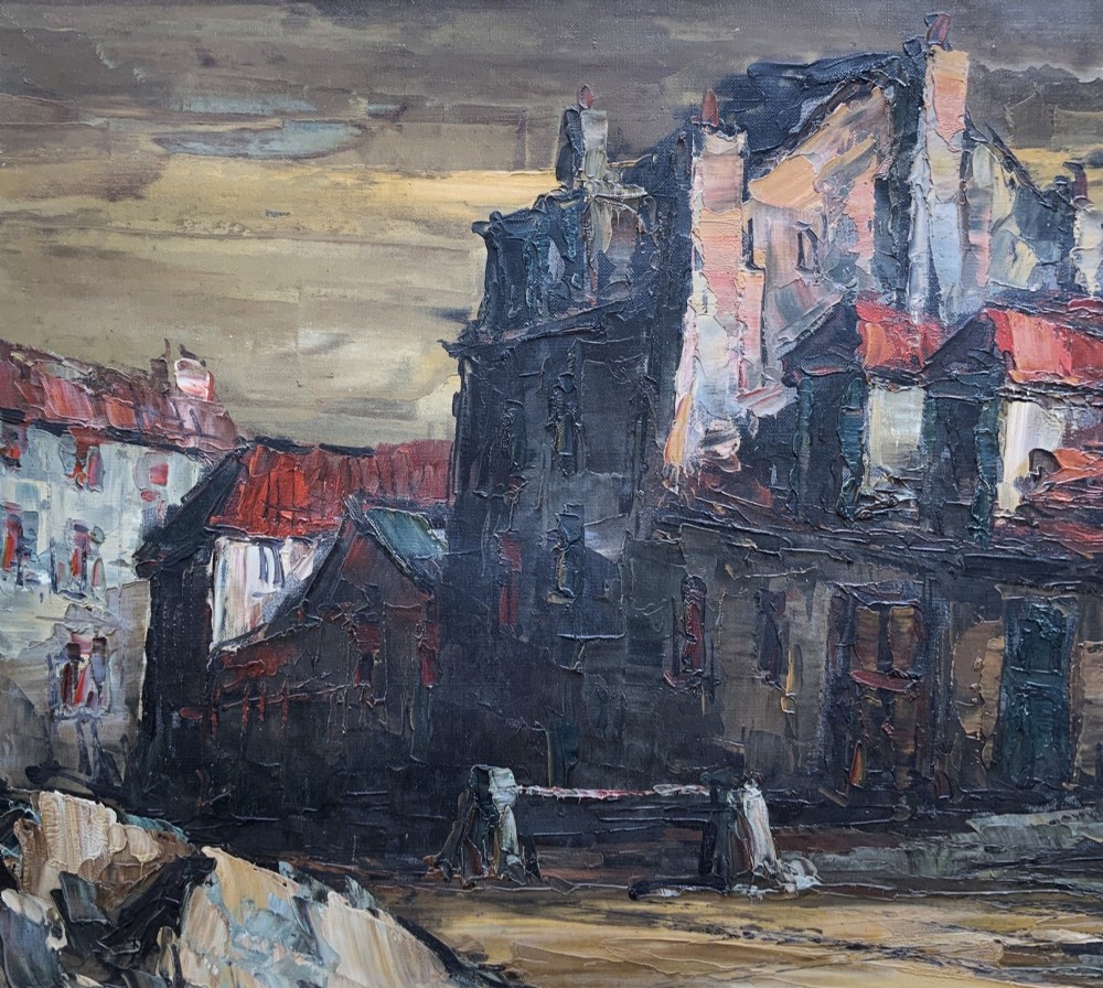 A mid-century framed oil painting depicting a textured European townscape with buildings in brown, red, and cream impasto tones. View VI