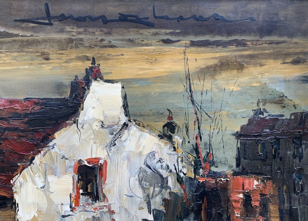 A mid-century framed oil painting depicting a textured European townscape with buildings in brown, red, and cream impasto tones. View VII
