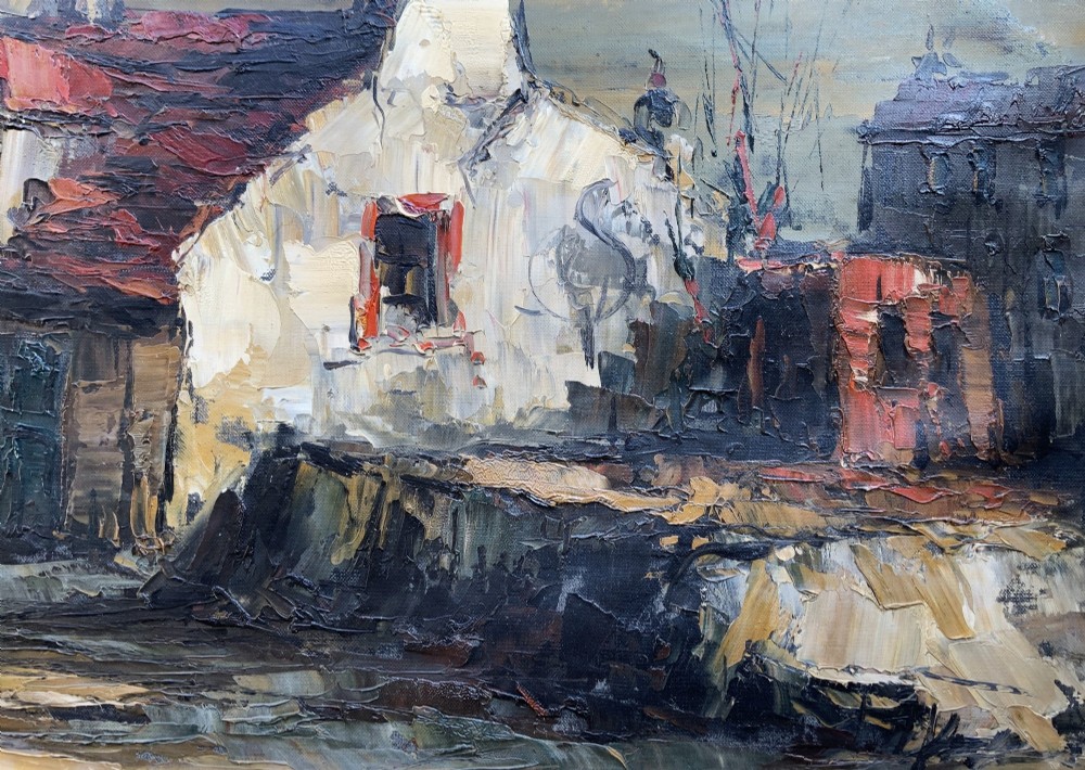 A mid-century framed oil painting depicting a textured European townscape with buildings in brown, red, and cream impasto tones. View VIII