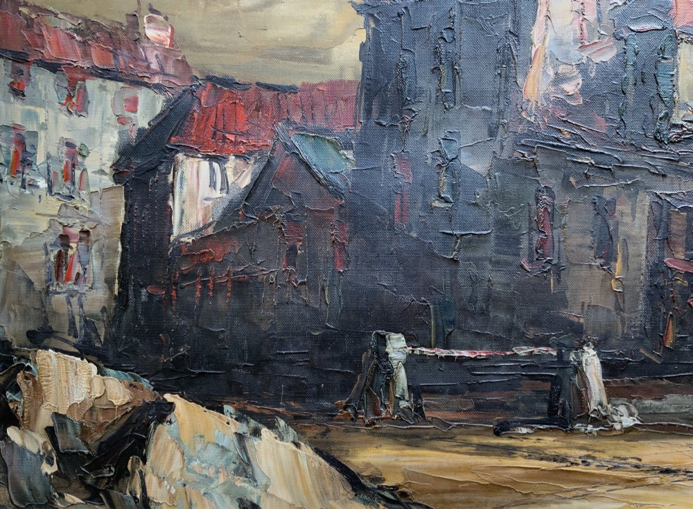 A mid-century framed oil painting depicting a textured European townscape with buildings in brown, red, and cream impasto tones. View IX