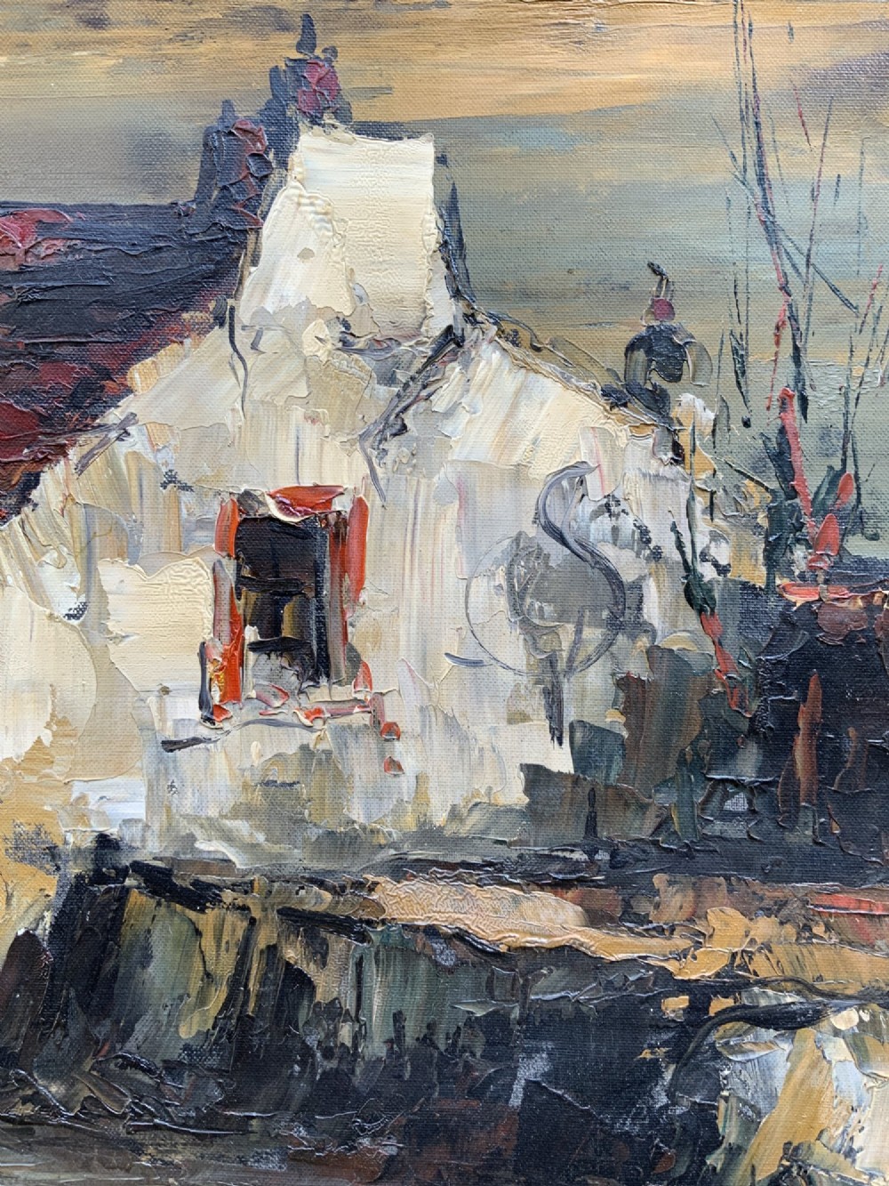 A mid-century framed oil painting depicting a textured European townscape with buildings in brown, red, and cream impasto tones. View X