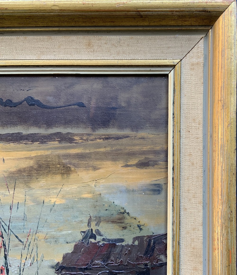A mid-century framed oil painting depicting a textured European townscape with buildings in brown, red, and cream impasto tones. View XI